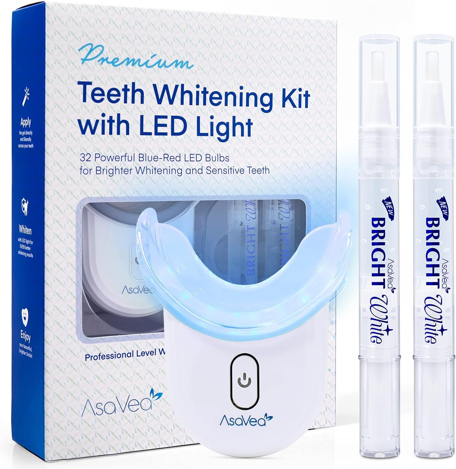 AsaVea Smile Teeth Whitening Kit with LED Light - Teeth Whitening Pen with 32X Powerful Blue-Red Rechargeable LED Light, Effective for Sensitive Teeth, Comfortable and Accelerated Teeth Whitening