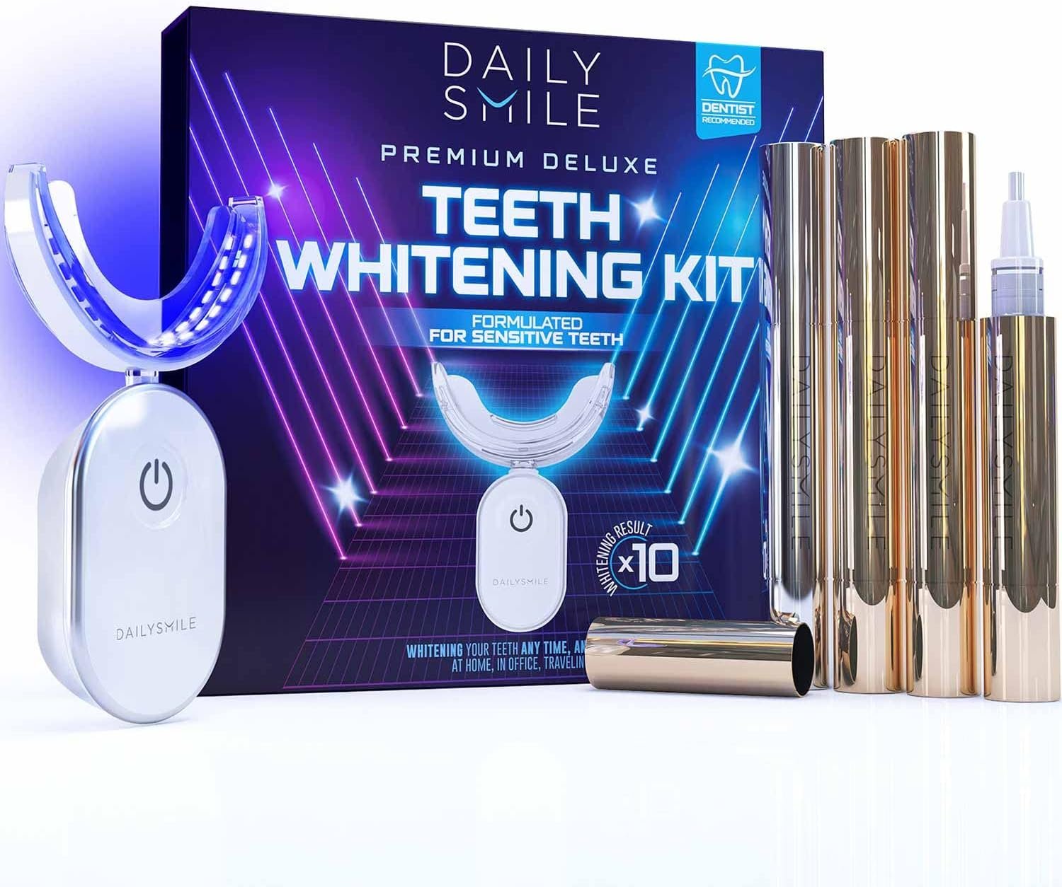 DailySmile Teeth Whitening Kit with Teeth Whitening Trays LED Light, 10 Min Non-Sensitive Waterproof Teeth Whitener, Proven Results Teeth Whitening Sensitive Teeth Solution, Help Remove 20 Year Stain