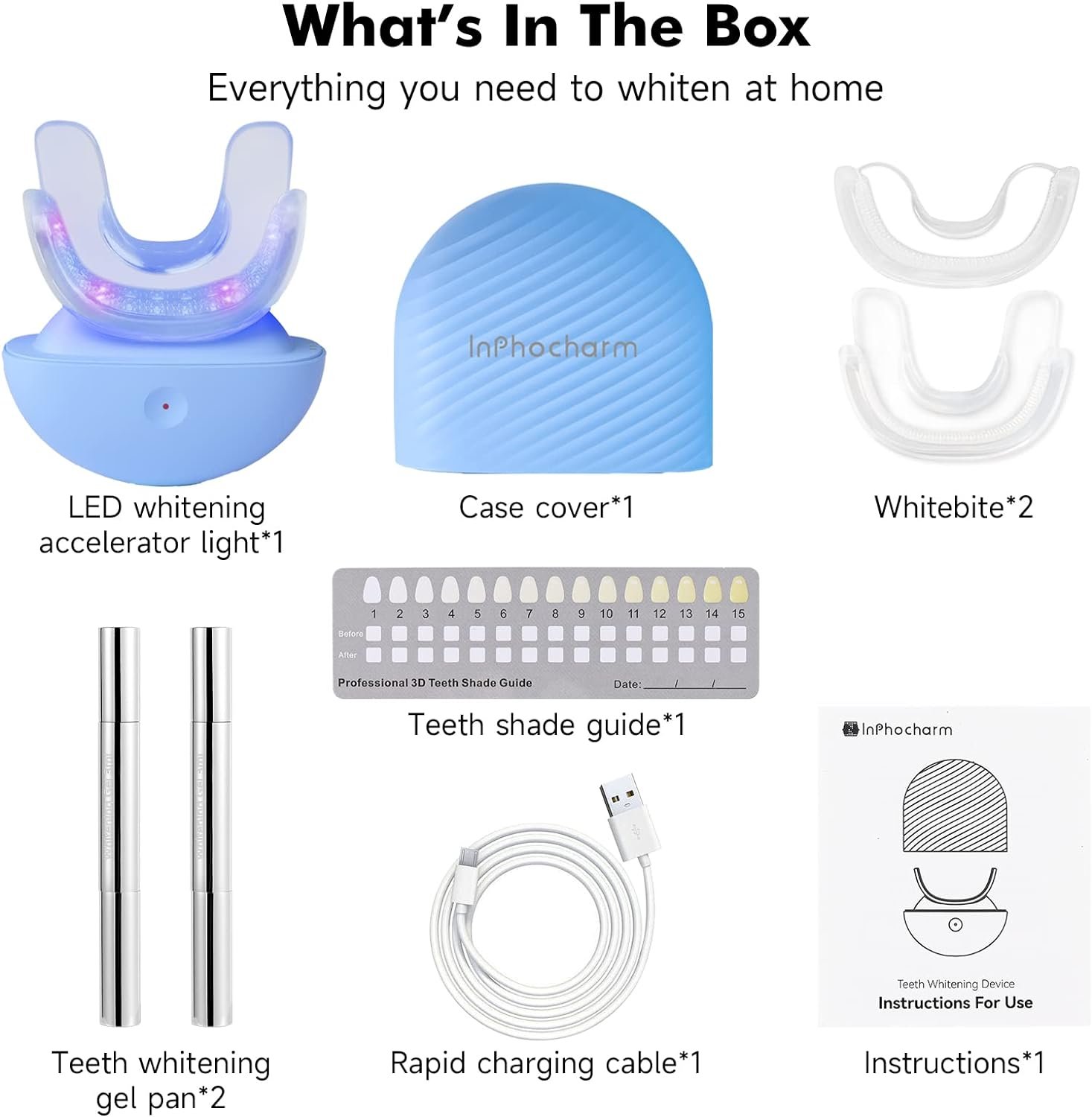 InPhocharm Teeth Whitening Kit with 24X LED Lights Rechargeable, Cordless 10 Mins Non-Sensitive Fast Teeth Whitener, 2 Teeth Whitening Gels, Remove Stains from Coffee Wines Smoking