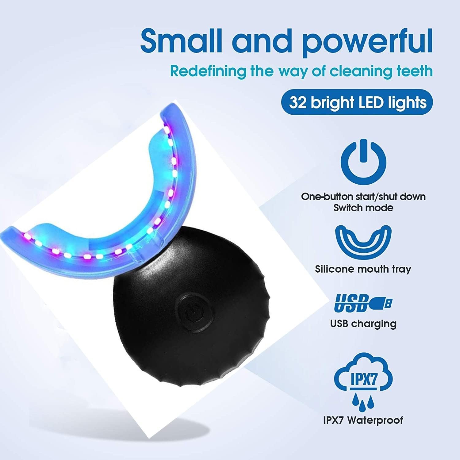 koouood Tooth Whitening Instrument 32LED Induction Rechargeable Tooth Whitening System Tooth Bleaching Light Accelerated Bleaching Tray Kit containing 16 Powerful red and Blue LED Lights (Black)