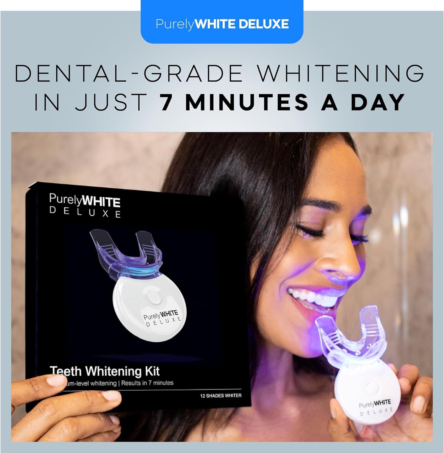 PurelyWHITE DELUXE Teeth Whitening Kit, Complete LED Teeth Whitening, 15+ Treatments, (3) 3ml Whitening Gel Syringes, Whiter Smile in 7 Minutes