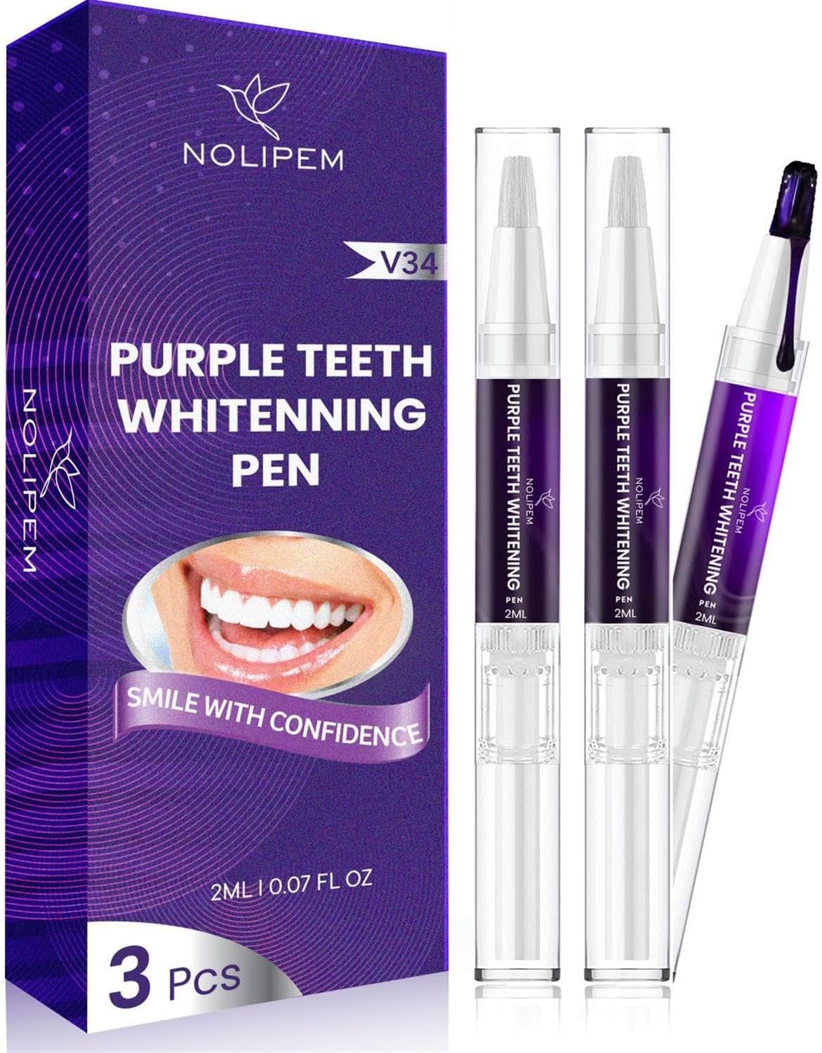 Purple Teeth Whitening Pen (3 Pens) Colour Corrector, Teeth Whitening Kit for Sensitive Teeth, Instant White Smile Overnight, Teeth Stain Remover for Adult, Coffee Stain Remover for Teeth