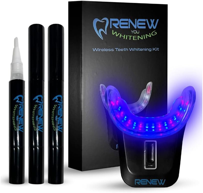 ReNewYou Teeth Whitening Kit with 3 Non-Sensitive Whitening Pens, Wireless Multicolor 32 LED Mouthpiece, 20+ Whitening Treatments, Teeth Shade Guide, etc.