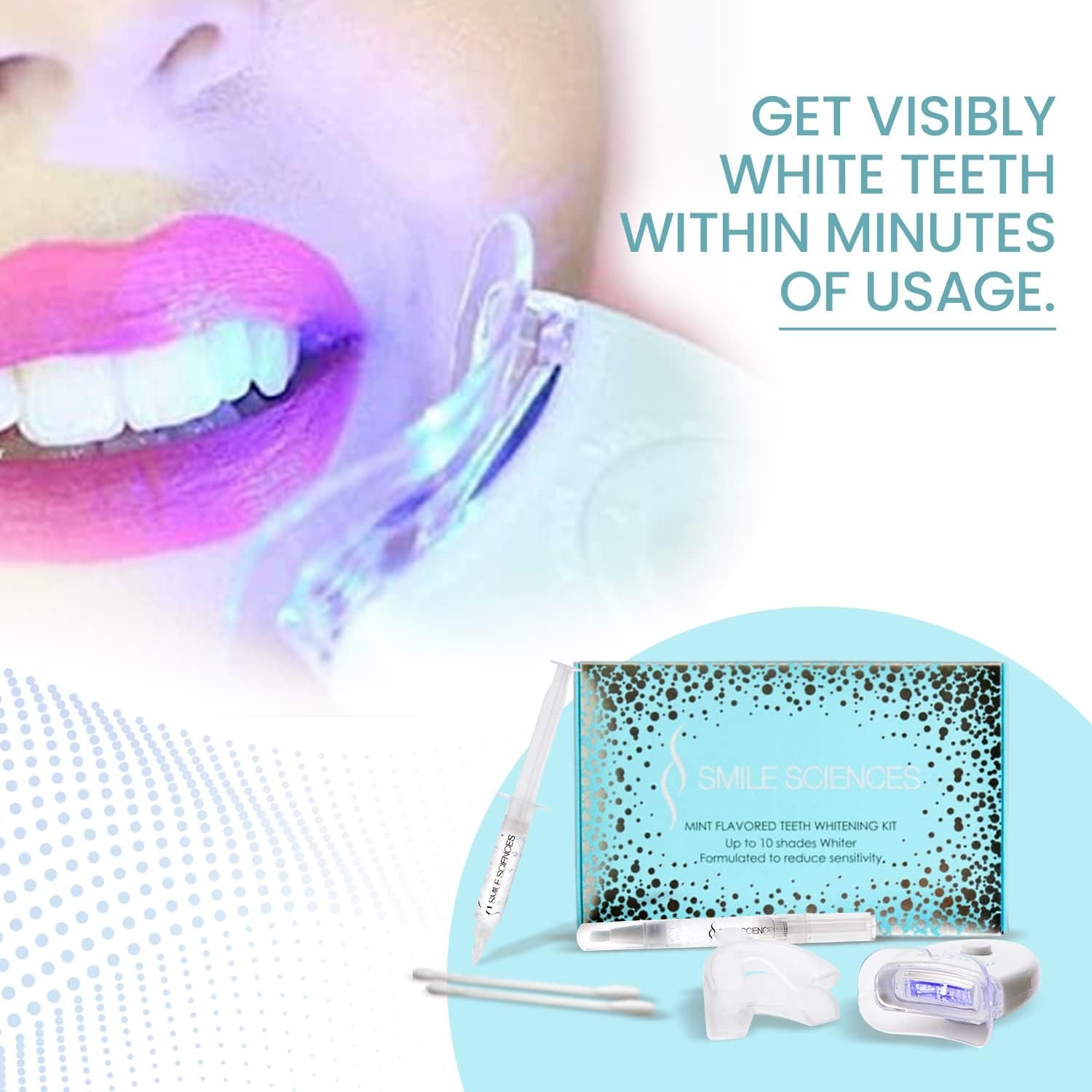 Smile Sciences Teeth Whitening Kit for Whiter and Brighter Smile with 5X LED Light Tooth Whitener,Gel Syringes, Mouth Trays and Teeth whitening Pen (Peppermint Kit)