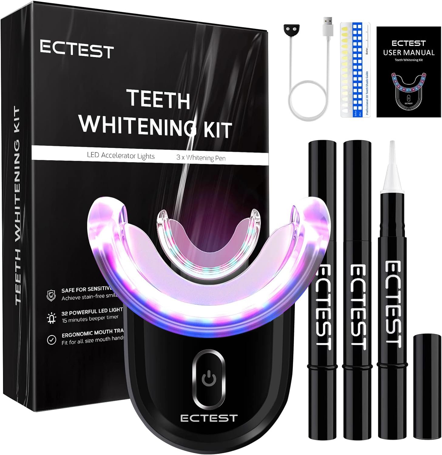 Teeth Whitening Kit with LED Light Effective for Sensitive Teeth or Coffee Drinker, Teeth Whitening Kit with 32X Powerful Blue-Red Recharge Home Easy to Use
