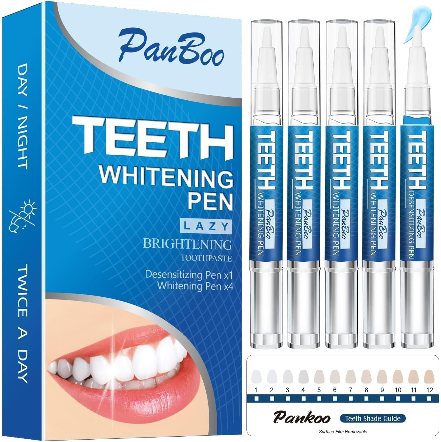 Teeth Whitening Pen 4+1, Use Twice a Day Up to 1-6 Shade Whiter in 1-2 Weeks, 4 Whitening Pens, 1 Desensitising Pen, 70+ Whitening Treatments, Effective, Pain Free and Enamel Safe, Easy to Use at Home